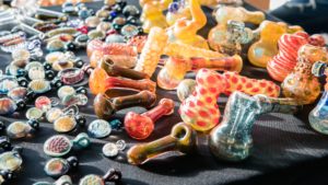 Accessories for smoking marijuana in the store, close-up